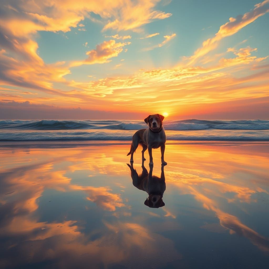 Dog at Sunset Seaside Reflection, Impressionistic Style