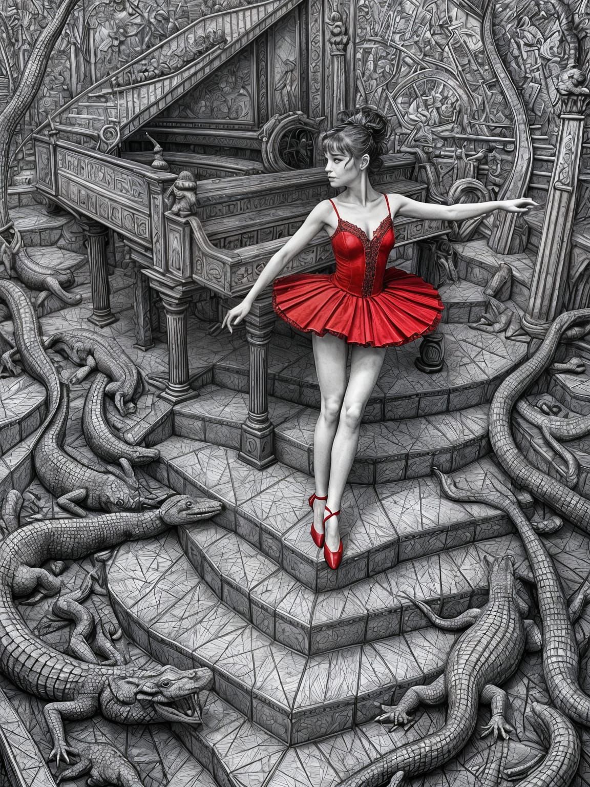 Ballerina Dances on Piano in Escher-Inspired Drawing
