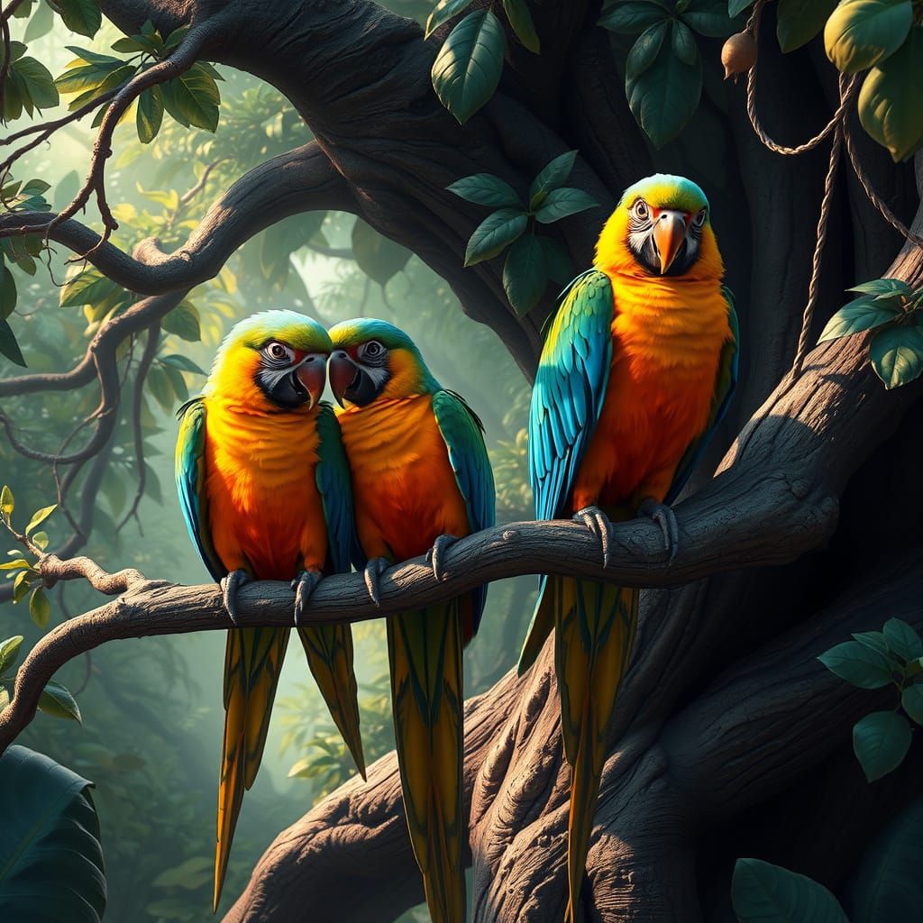 Vibrant Tropical Parrots in Fantastical Realism Style