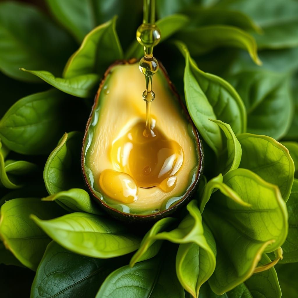Glistening Avocado with Emerald Leaves