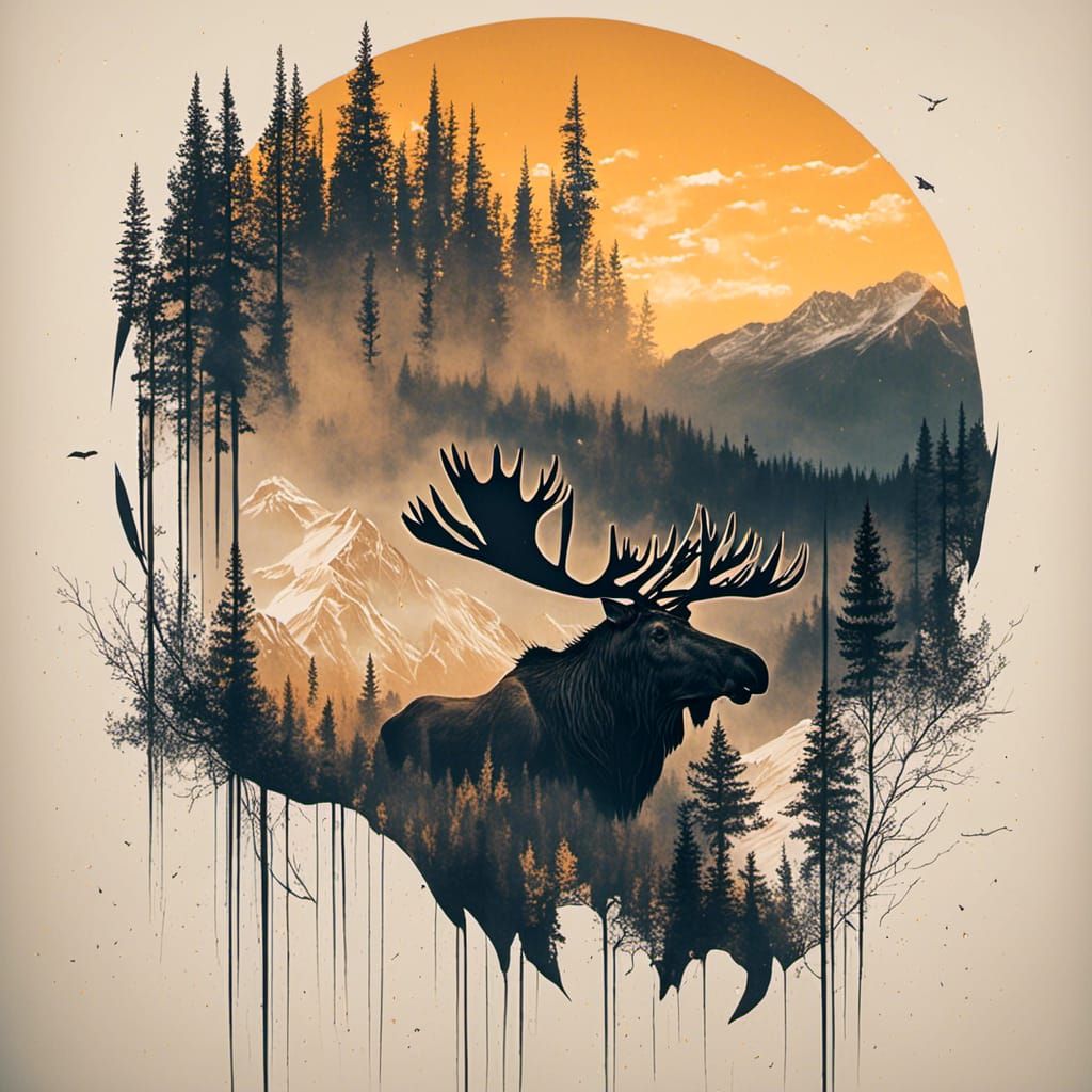 Moose Silhouette Double Exposure: Alaskan Landscape
