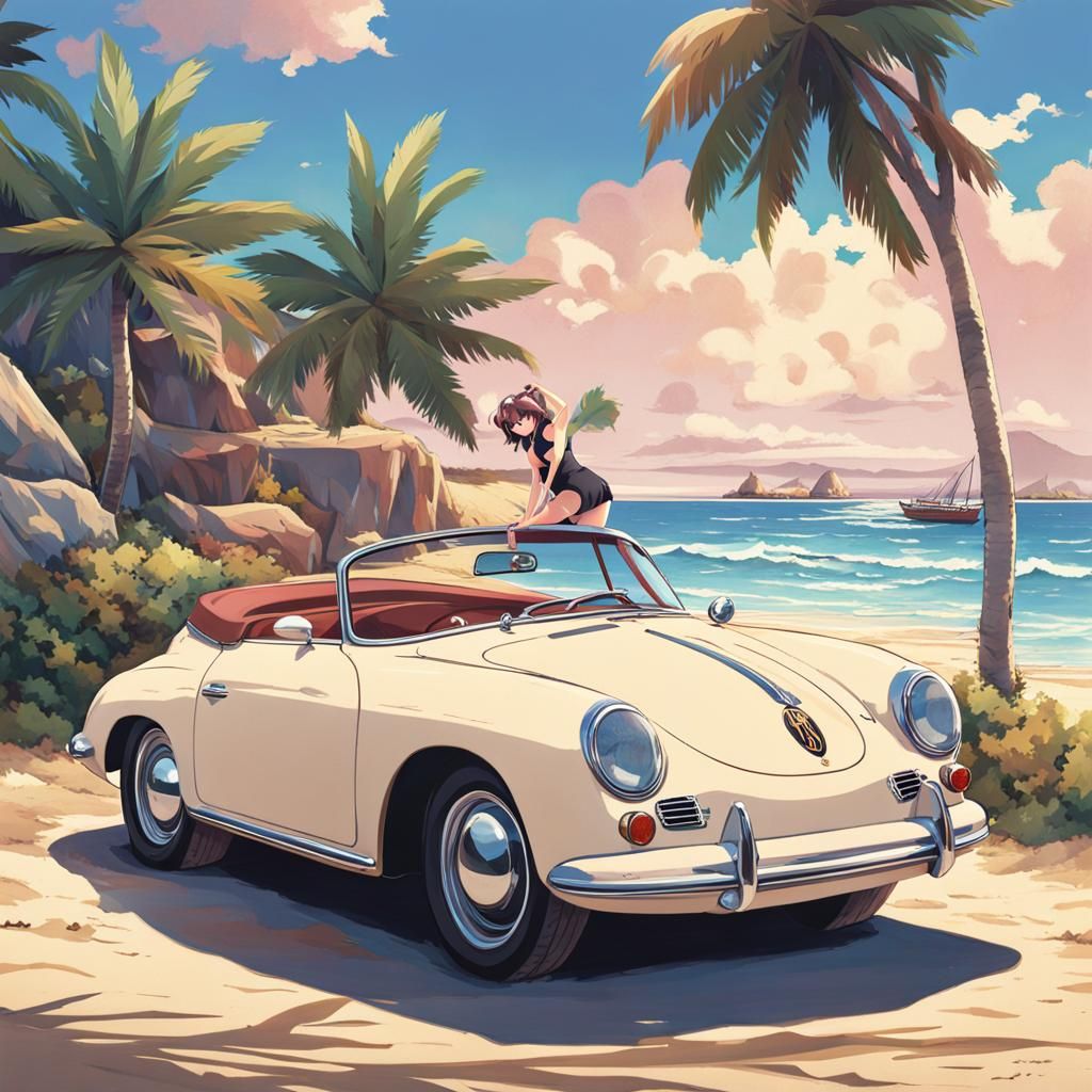 Anime Girl with Porsche 356 at the Beach