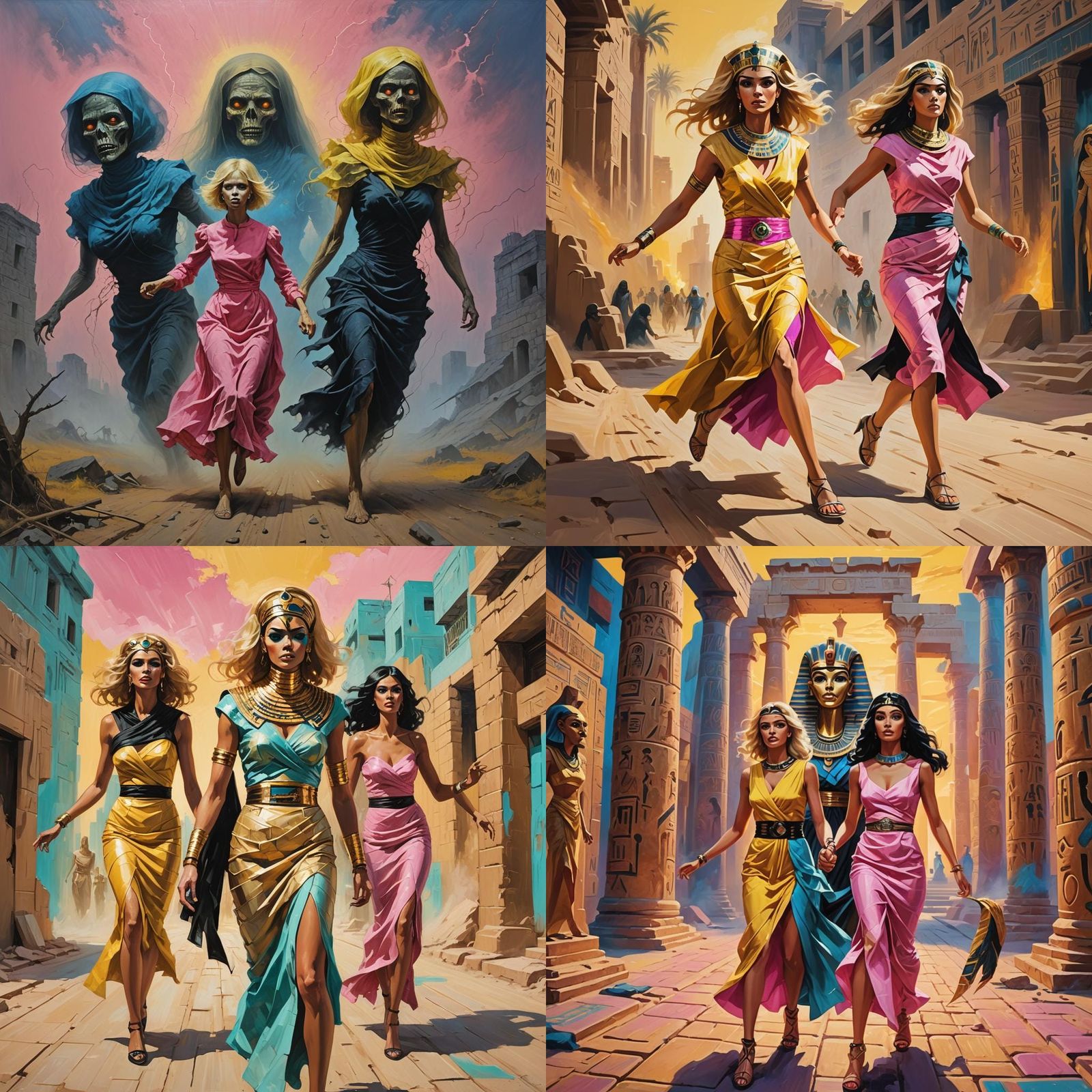 Mummy Chase: Retro-Futuristic Oil Painting