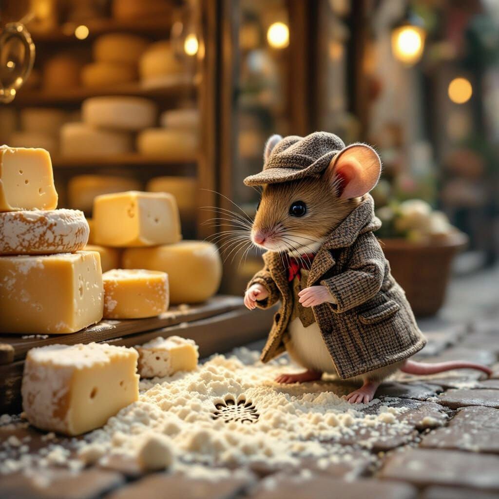 Mouse Detective Investigates Footprint, Hyperrealistic Style