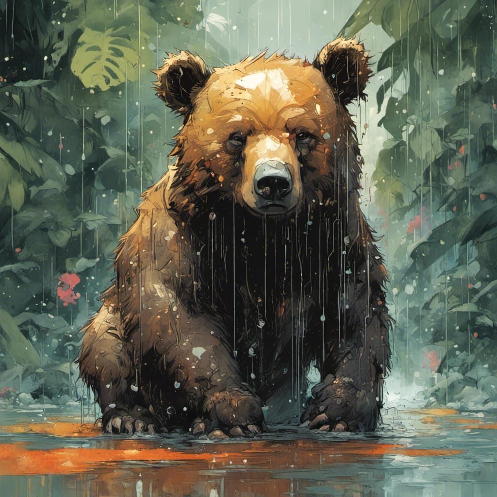 Jungle Bear Cub in Rain, Digital Art