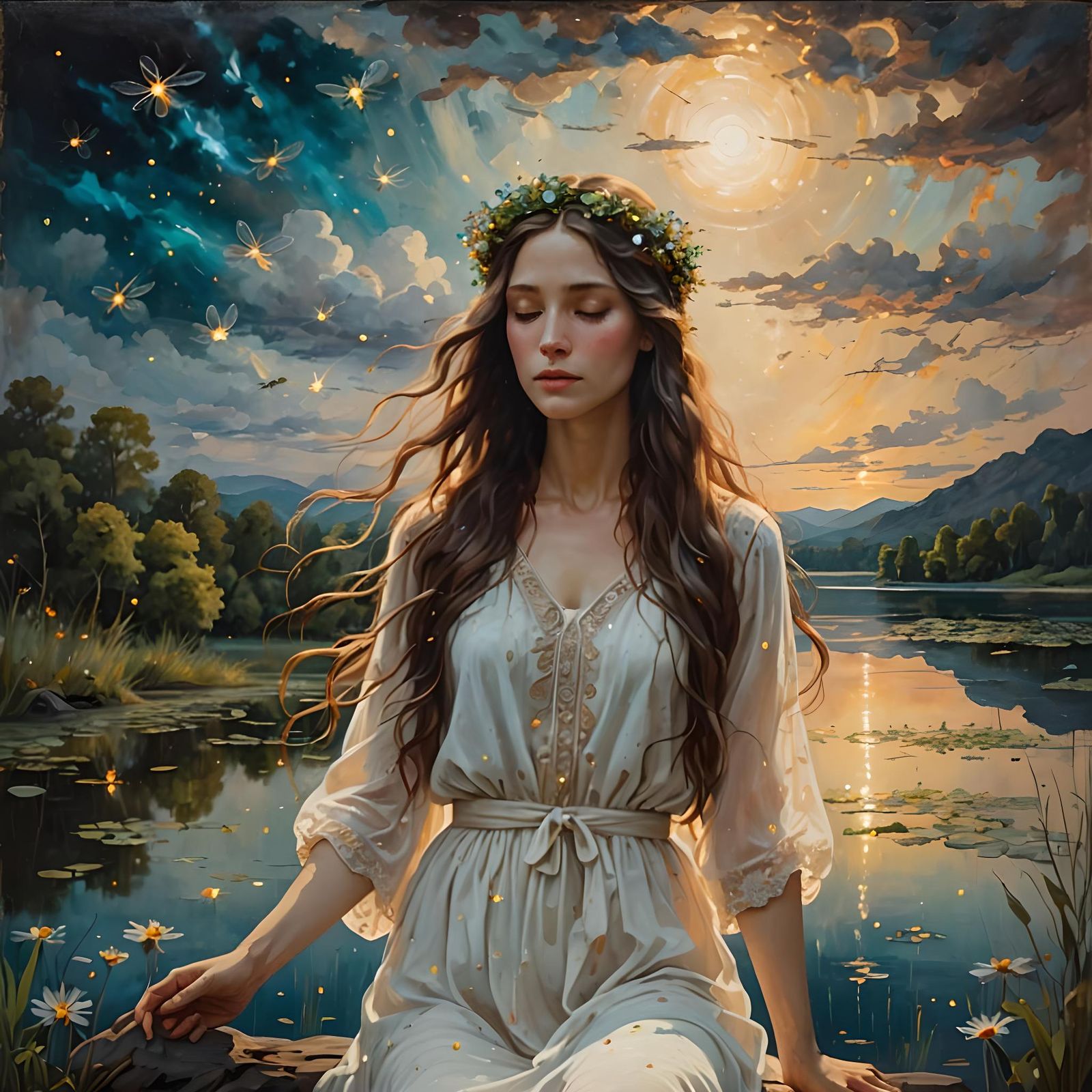 Peaceful Lake Scene in Ancient Oil Painting Style