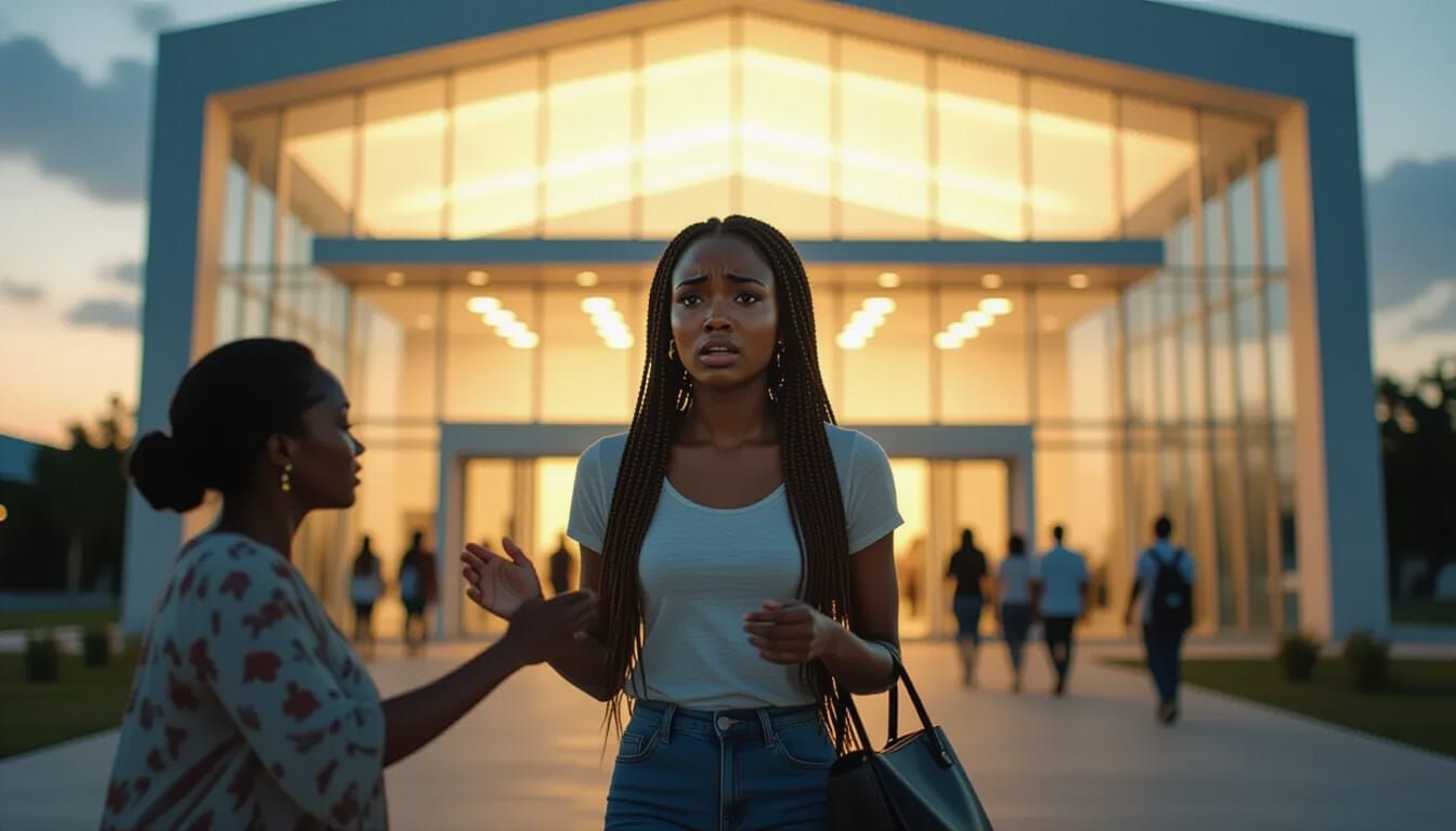 Young Woman Flees Church at Sunset in Distress