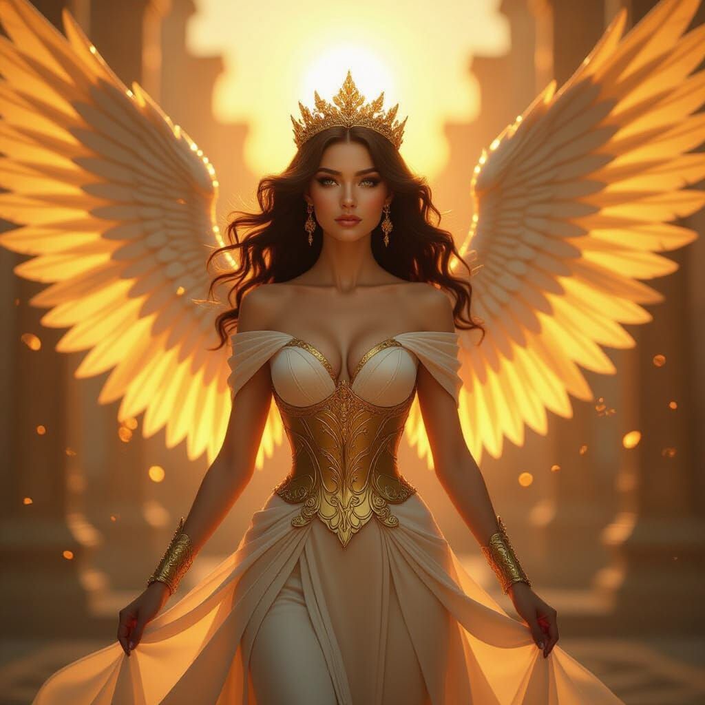 Radiant Queen With Golden Wings In Ethereal Light