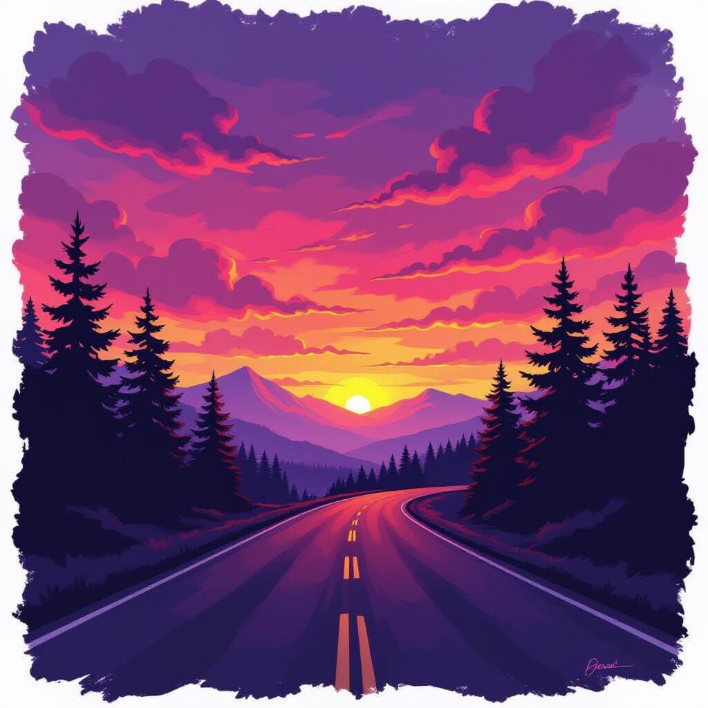 Winding Road Through Pine Forest Under Dramatic Sunset Sky