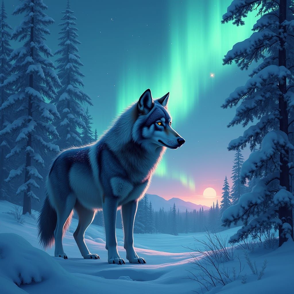 Wolf Silhouette Against Aurora Borealis in Vectorgraphic Sty...