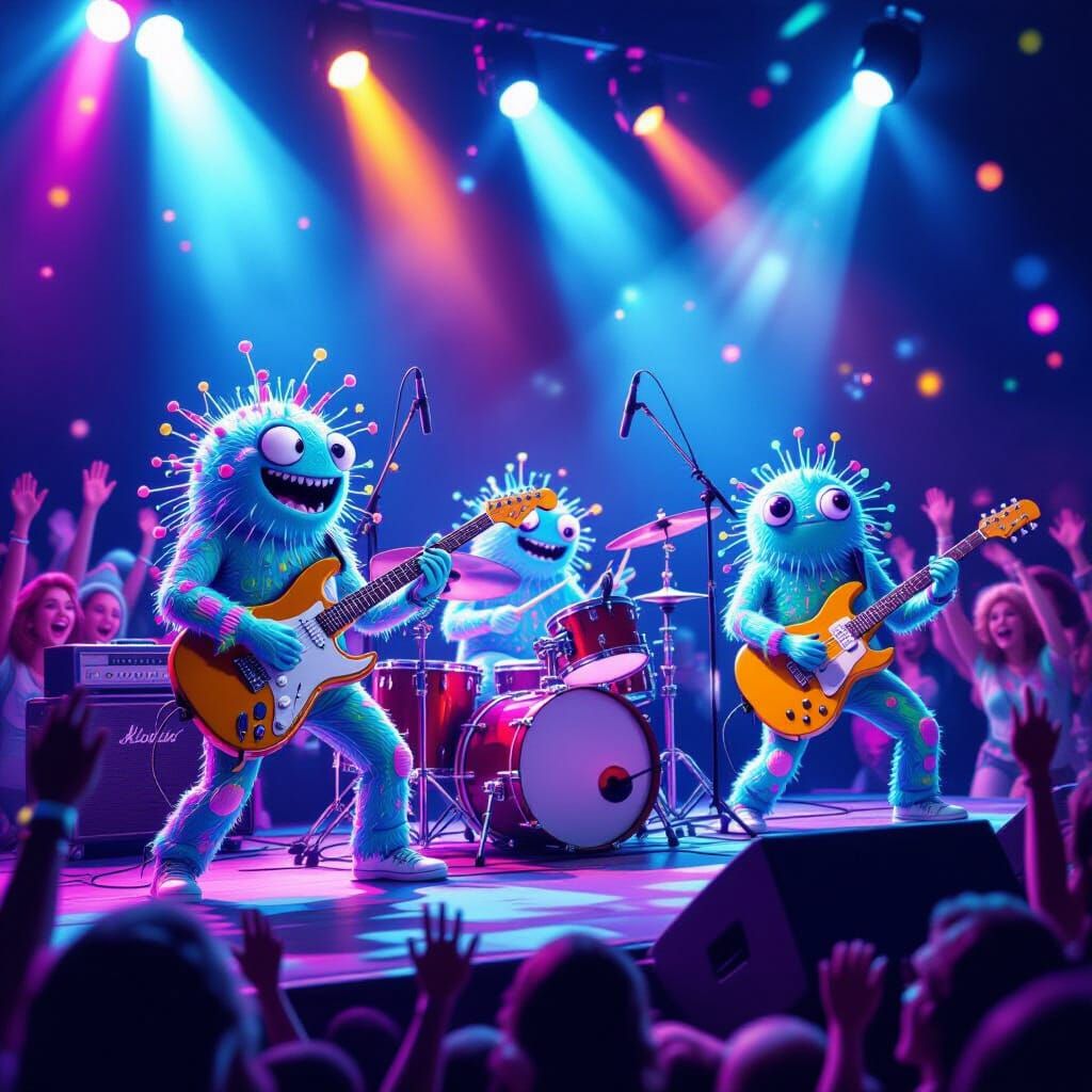 Microbial Band Rocks Neon Stage in Humorous Concert Scene