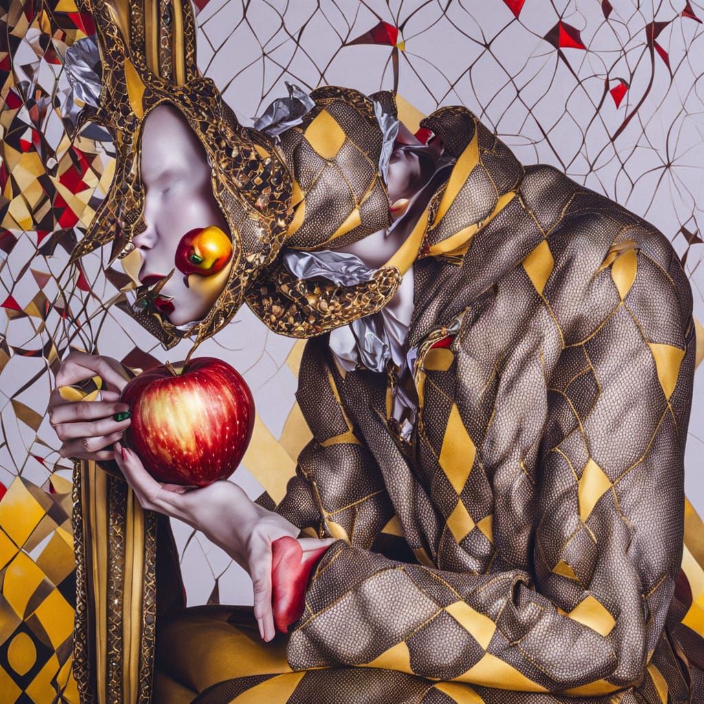 Surreal Harlequin Eating Apple in Salvador Dali Style