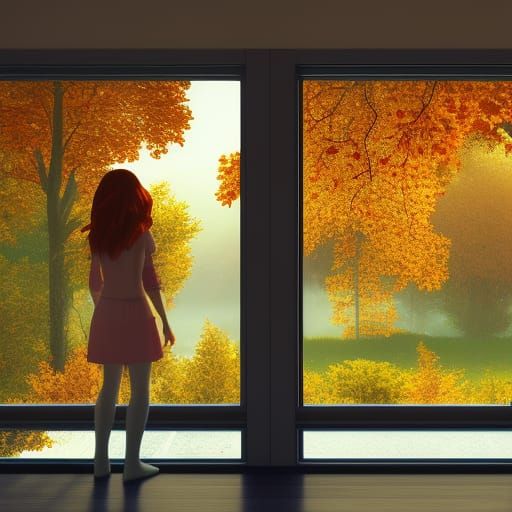 Auburn-Haired Girl Watching Autumn Sunset: 3D Game Cinematic