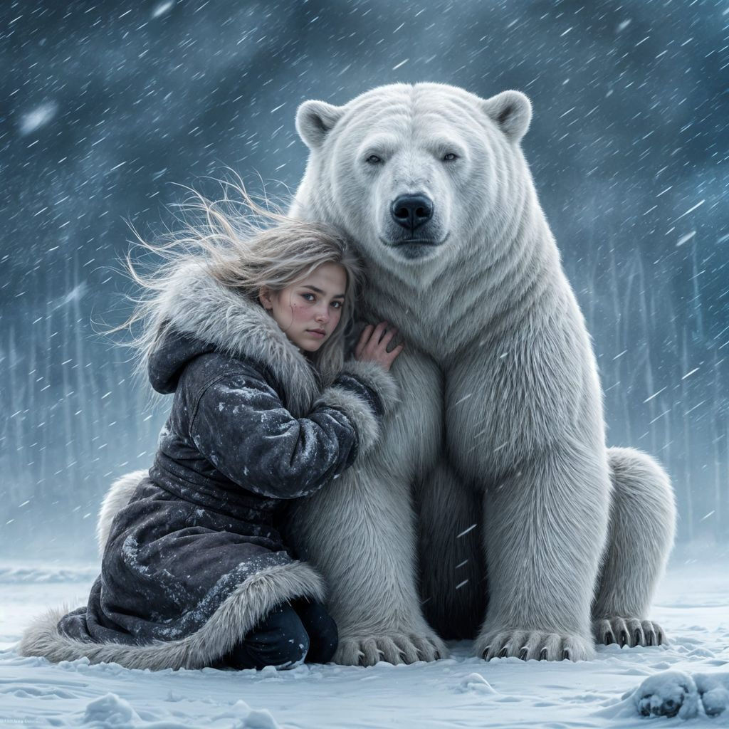 Eskimo Girl and Polar Bear in Blizzard