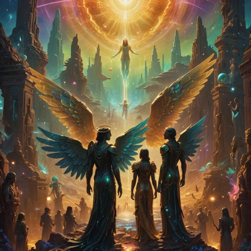 Angels and Aliens Gathered Around a Glowing Portal