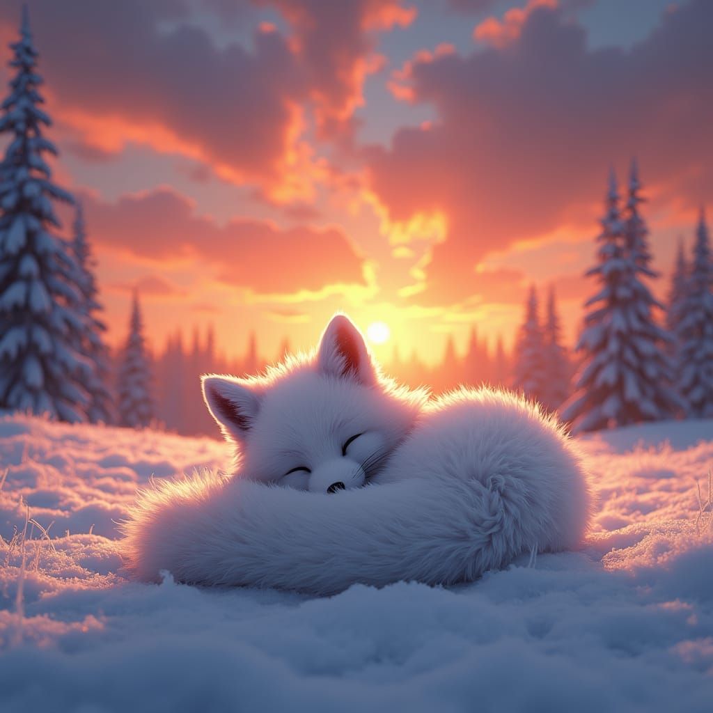 Surreal Sunset Scene of a Baby Snowy Fox in a Fantastical La...