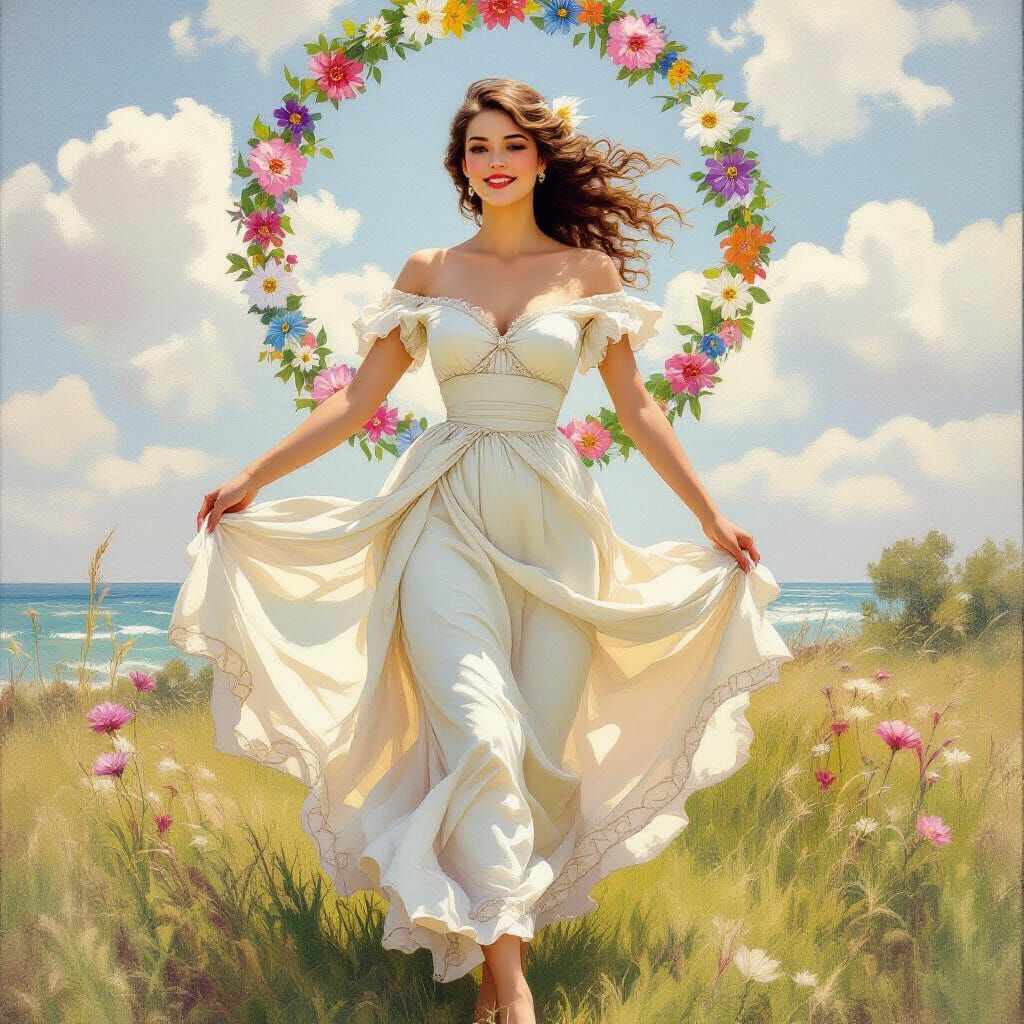 Woman in Summer Dress on Clouds, Impressionist Gouache Style