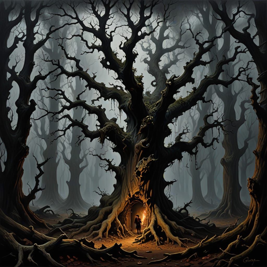 Twisted Tree Looms in Moonlit Forest, Foreboding Doom