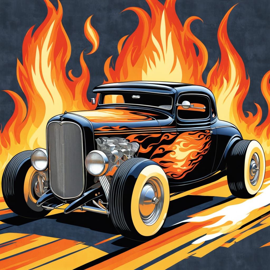 Vintage Hot Rod Adorned with Art Deco Flame Decals
