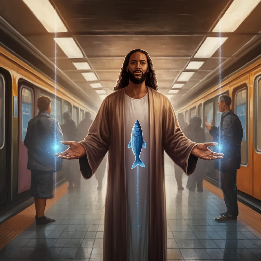 Black Jesus Illuminated in Subway Station Glory