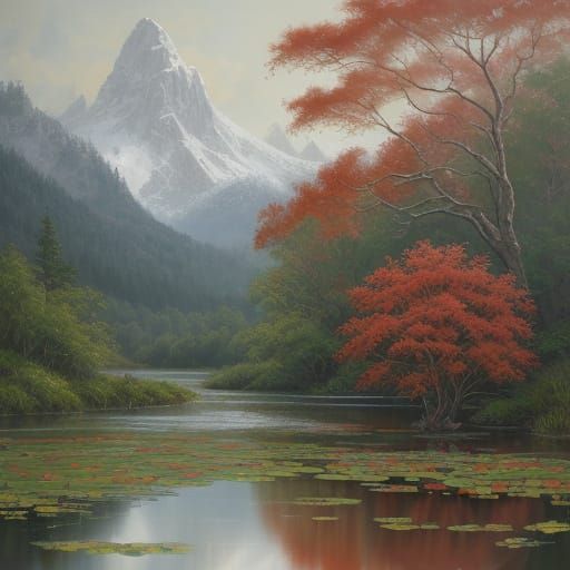 Ancient Tree in Serene Pond Landscape, Oil Painting Style