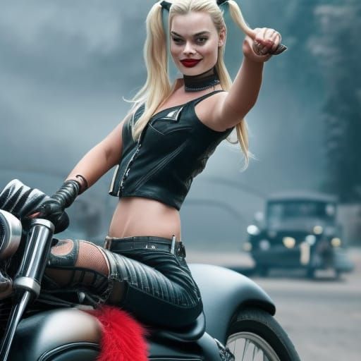 Margot Robbie as Harley Quinn Rides Motorcycle