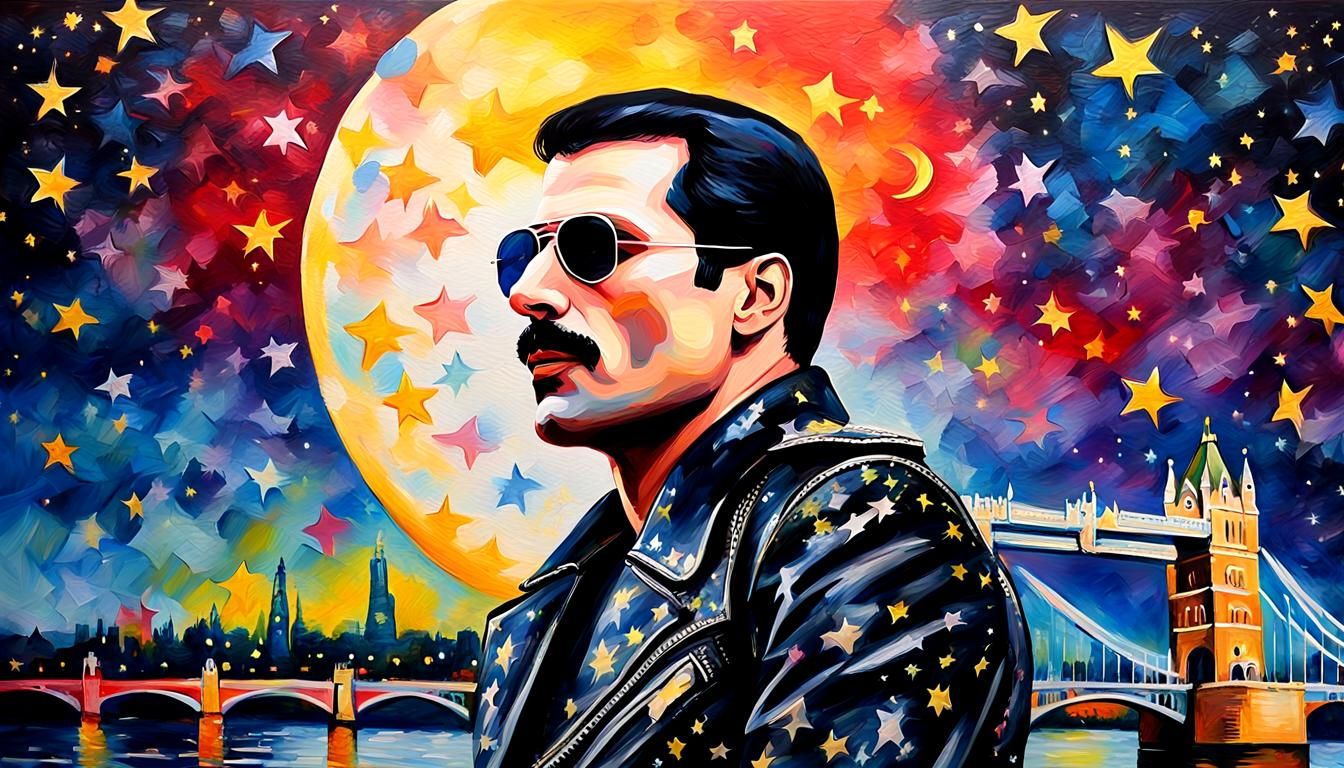Freddie Mercury in Pop Art Watercolor with Tower Bridge
