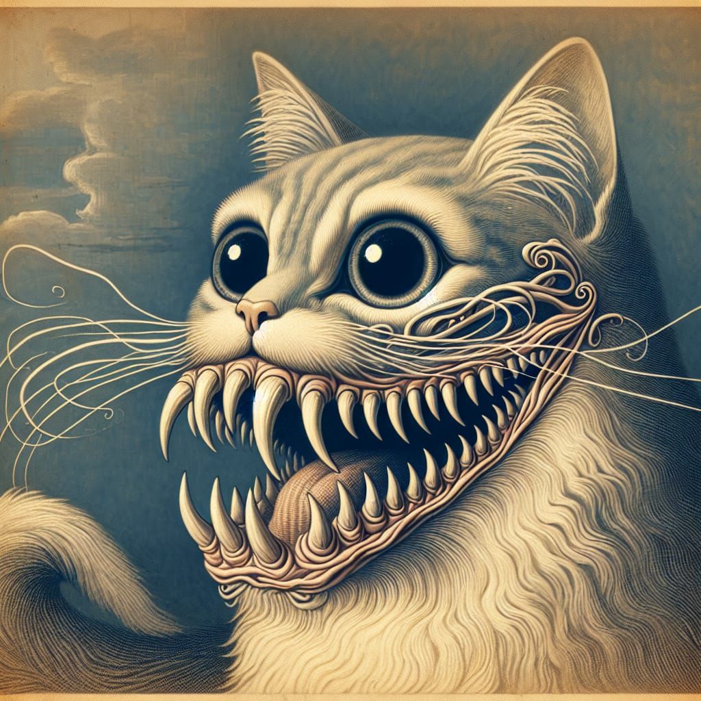 Cute things in nightmare come to life, Artist Jean-Baptiste Monge style. One adorable cat with a face of a giant monster
