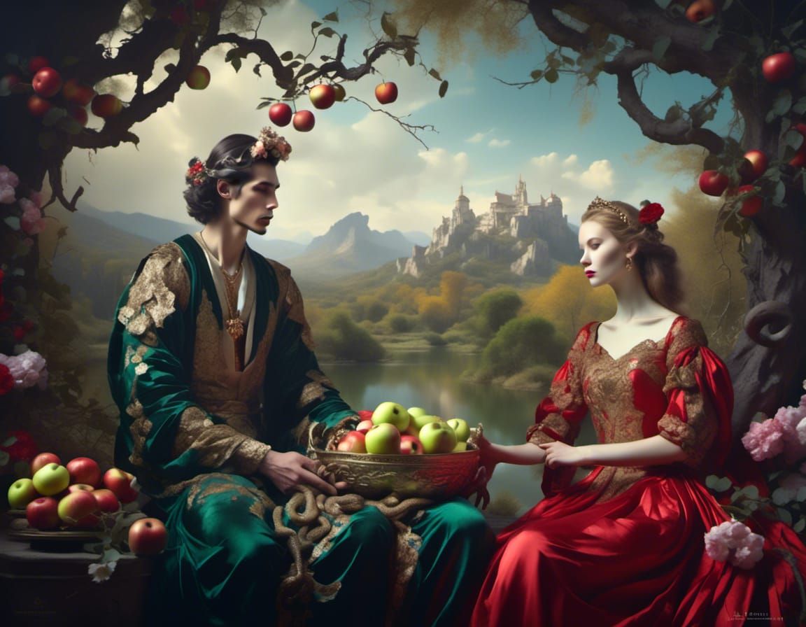 Adam and Eve in Garden of Eden, Pre-Raphaelite Style