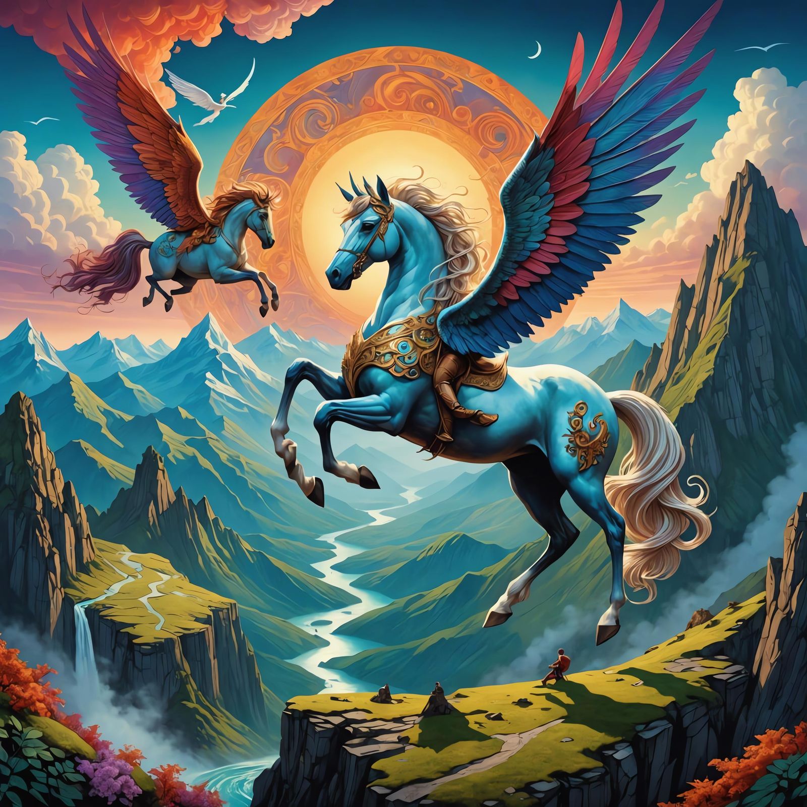 Mythic Pegasus Flight with Gods in Fairycore Landscape