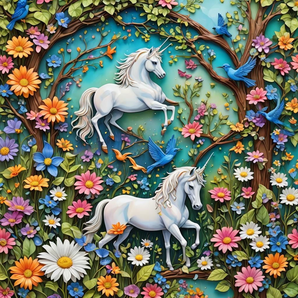 Unicorn in Rainbow Flower Landscape, Alcohol Ink Art