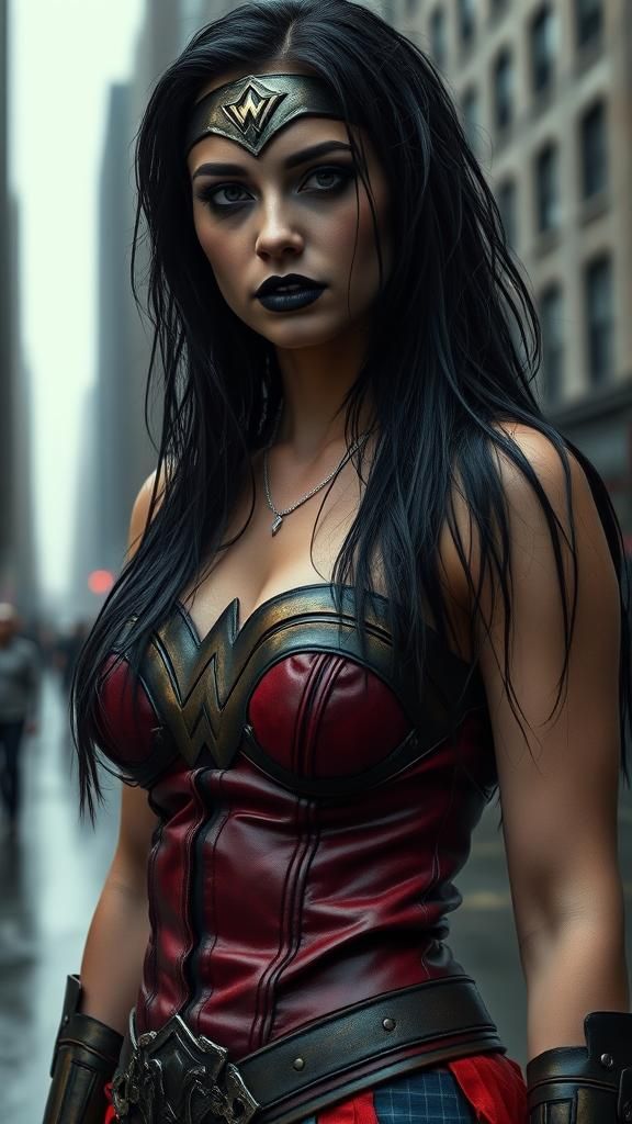Dystopian Wonder Woman in Rainy Cityscape