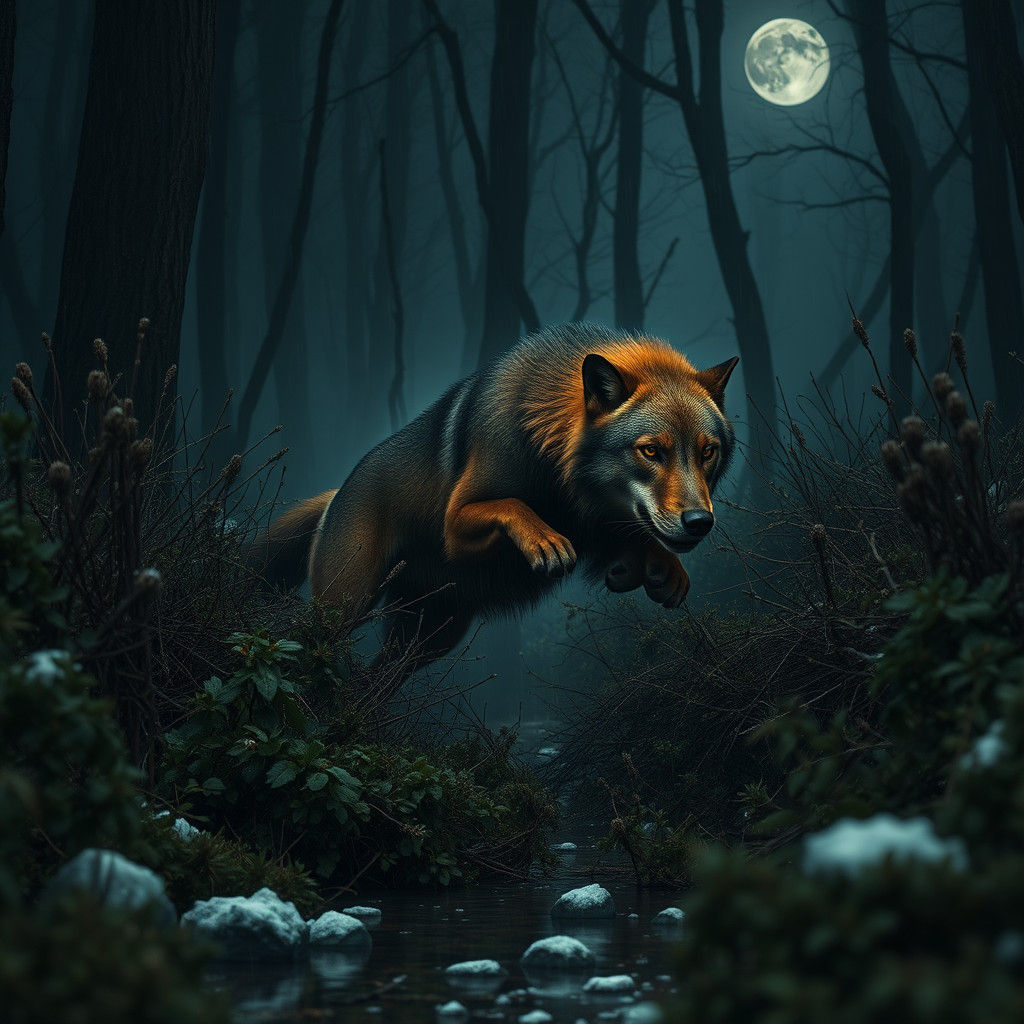 Wolf Leaps Through Swampy Forest at Night