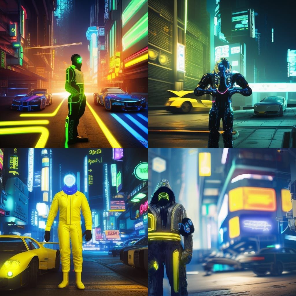 Cyberpunk Hero Surrounded by Neon-Lit Luxury Cars