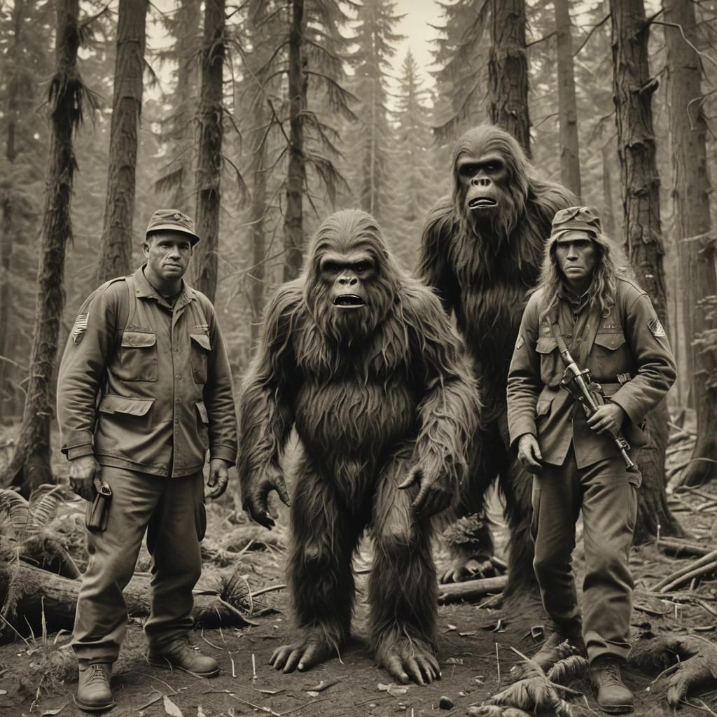 Soldiers Pose with Sasquatch in Hyperrealistic War Photo