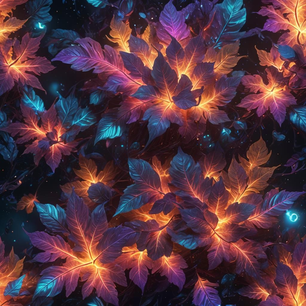 Iridescent Space Leaf Amidst Swirling Nebulae