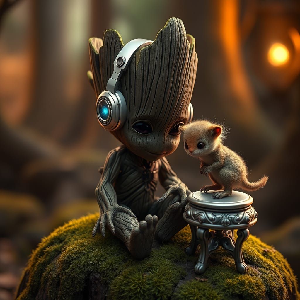 Tree-Like Humanoid Groot Enjoys Futuristic Sounds in Mystica...