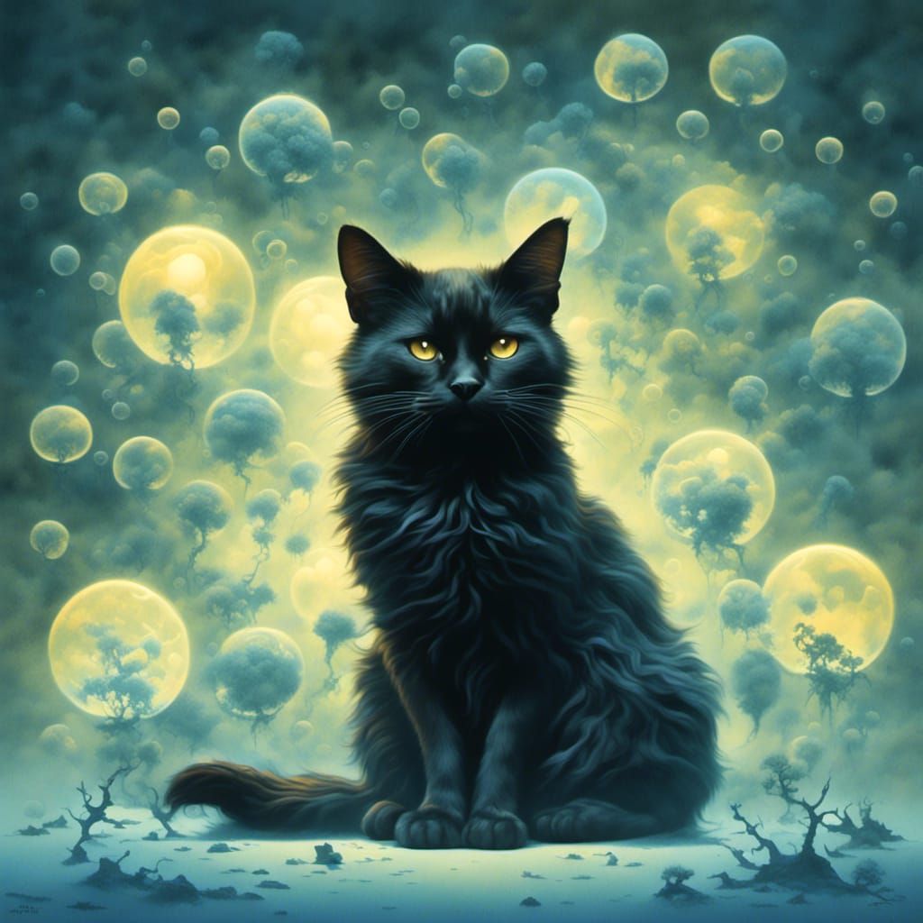 Mystical Black Cat in Dreamlike Digital Art