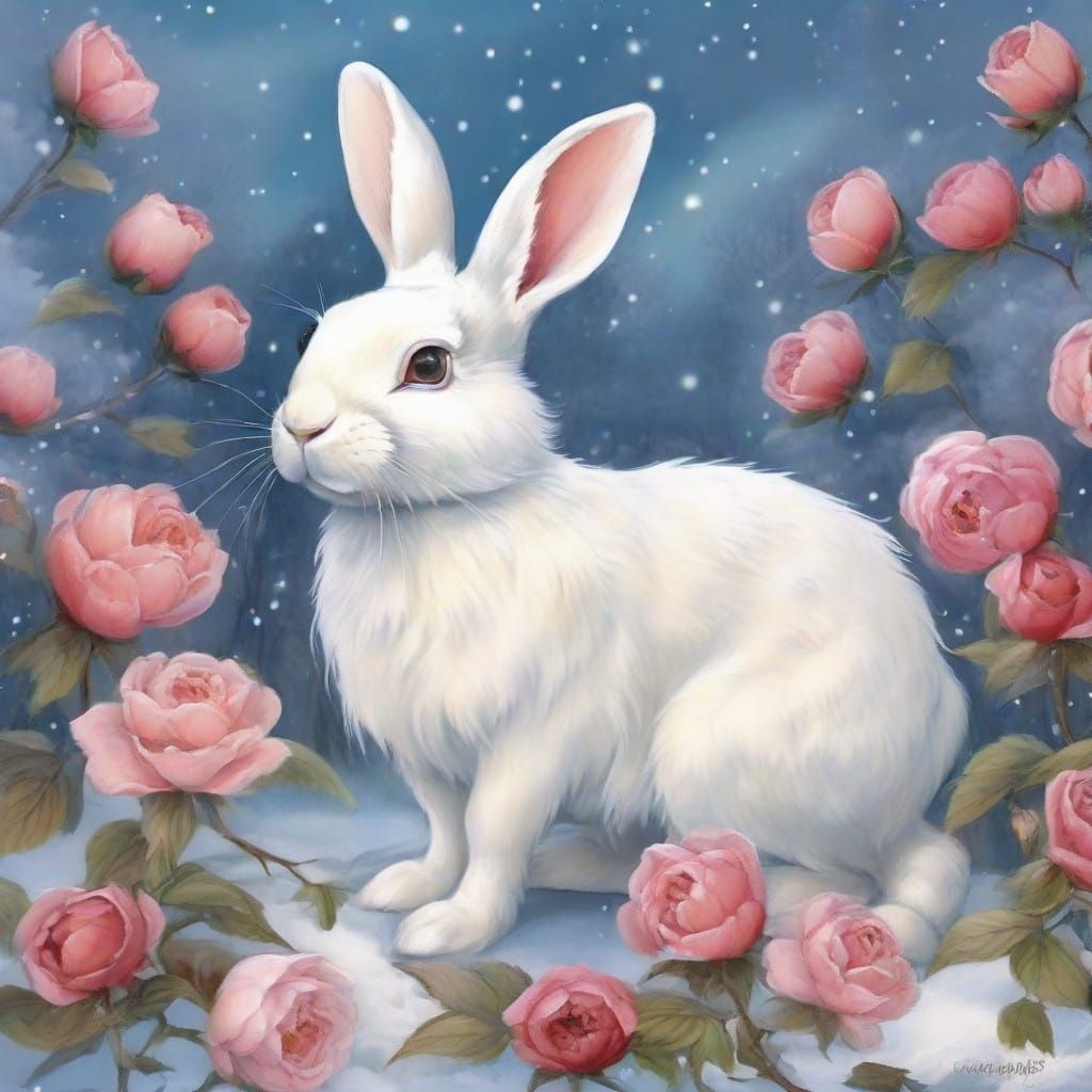 Enchanted White Bunny in Whimsical Winter Wonderland