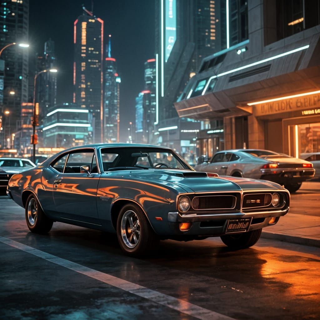 Classic Muscle Car in Futuristic City at Night