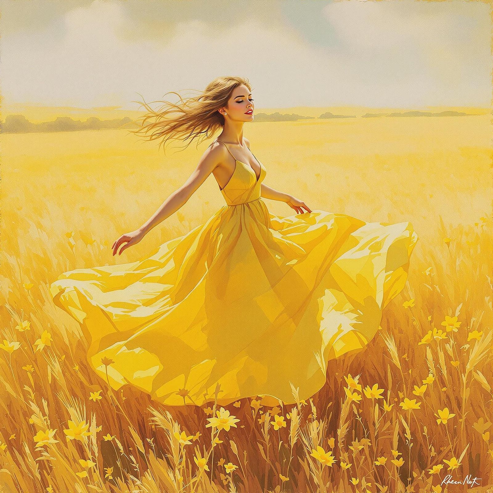Woman in Yellow Dress Dancing in Wheat Field