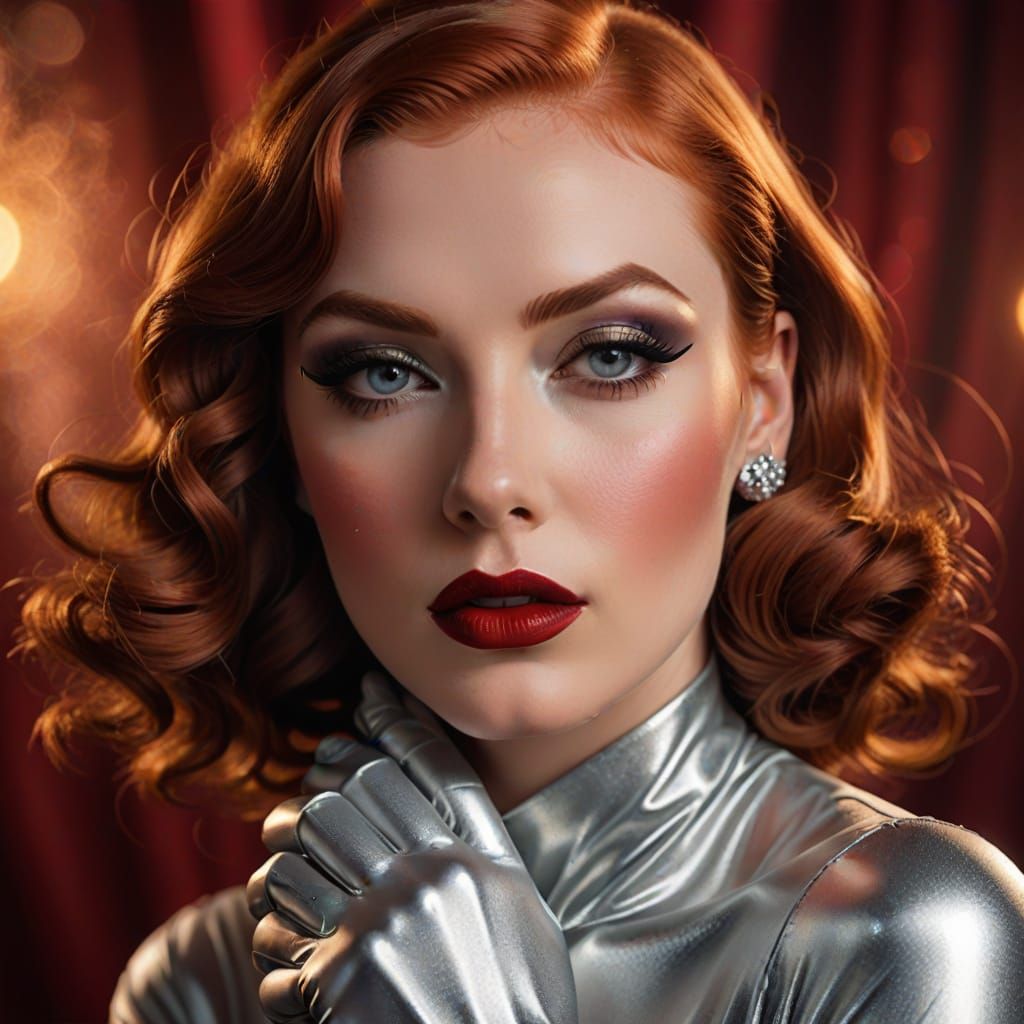 Red-Haired Woman in Silver Gown: Pin-Up Portrait