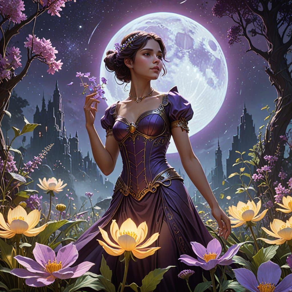 Celestial Gardener Tending Bioluminescent Flora in Art Nouve...