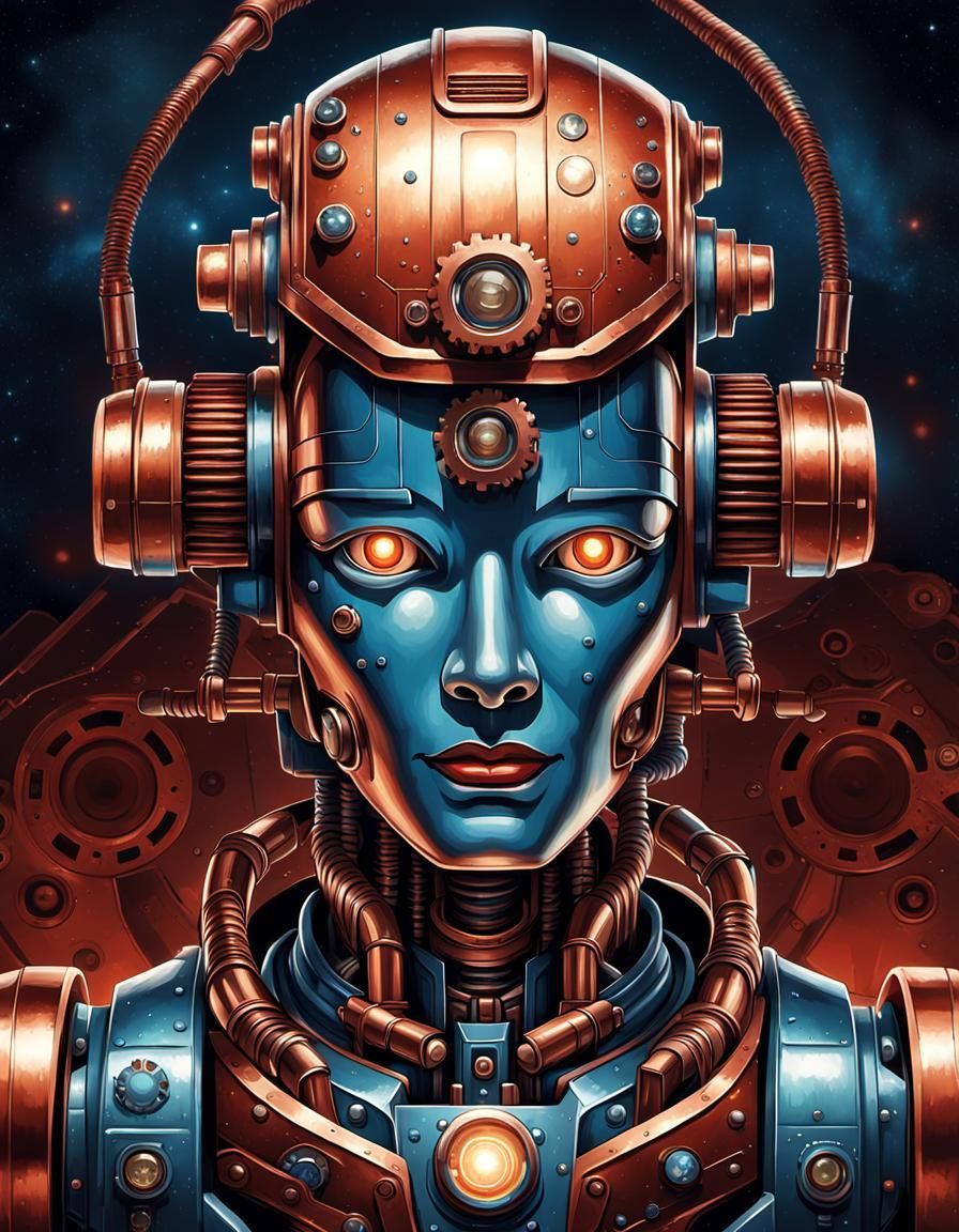 Retro Sci-Fi Robot Portrait in Pulp Art Style