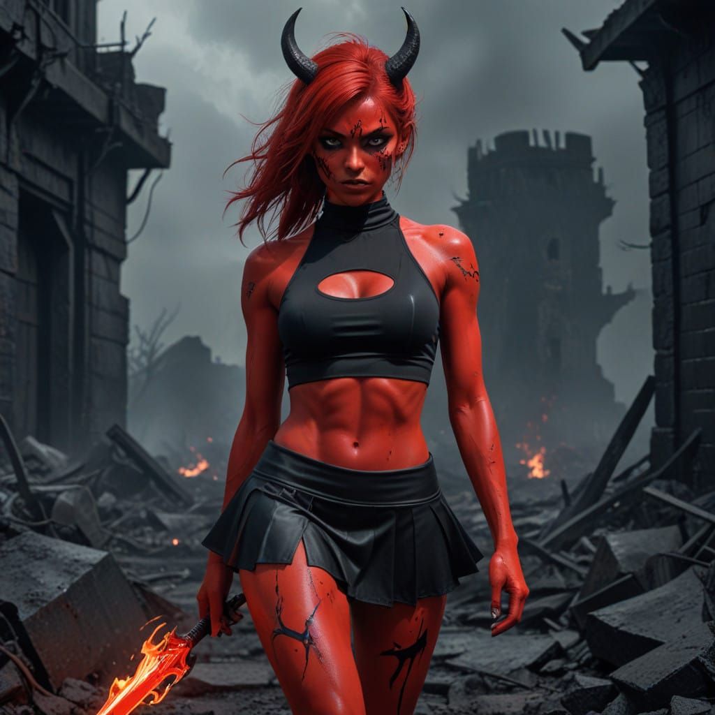 Red Demon Girl in Hellscape, Wearing Black Athletic Wear