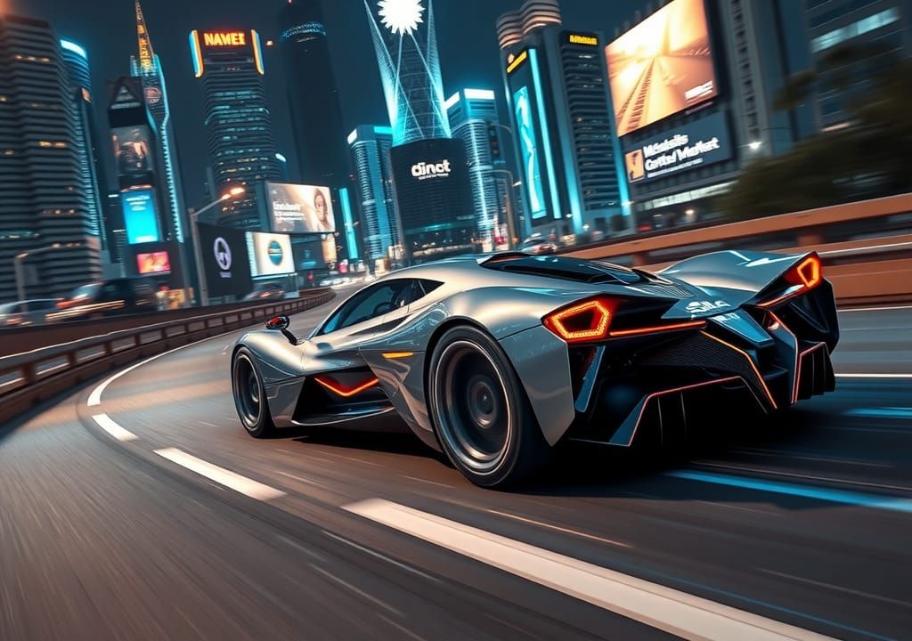 Futuristic Supercar Speeds Through Neon City at Night