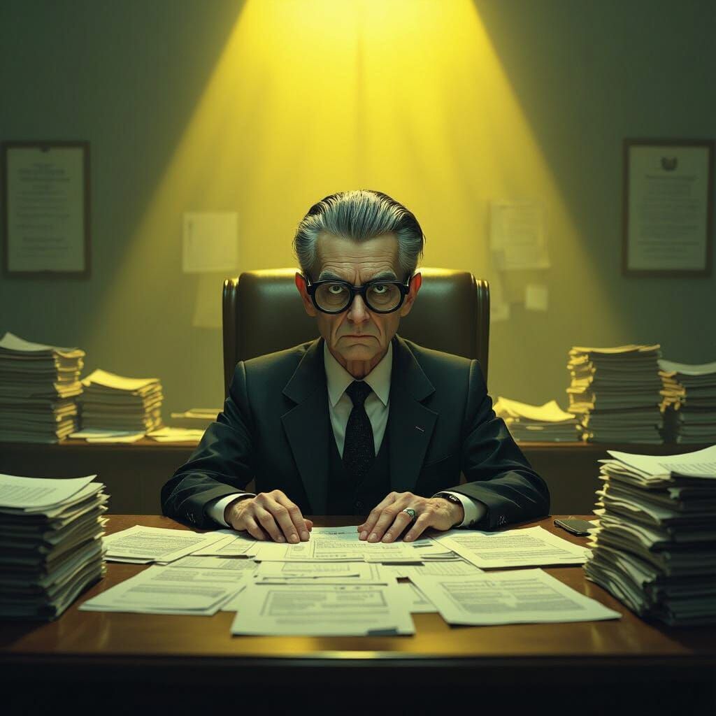 Nightmarish Bureaucrat in Dystopian Office