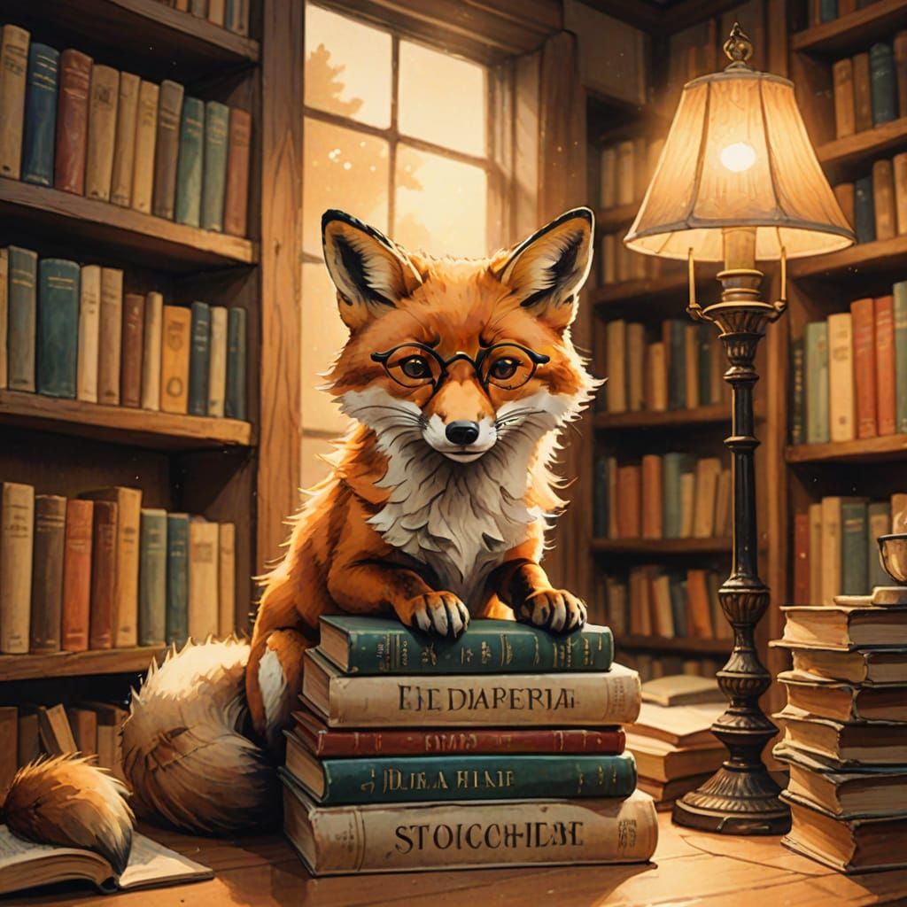 Whimsical Young Fox in Cozy Library Scene