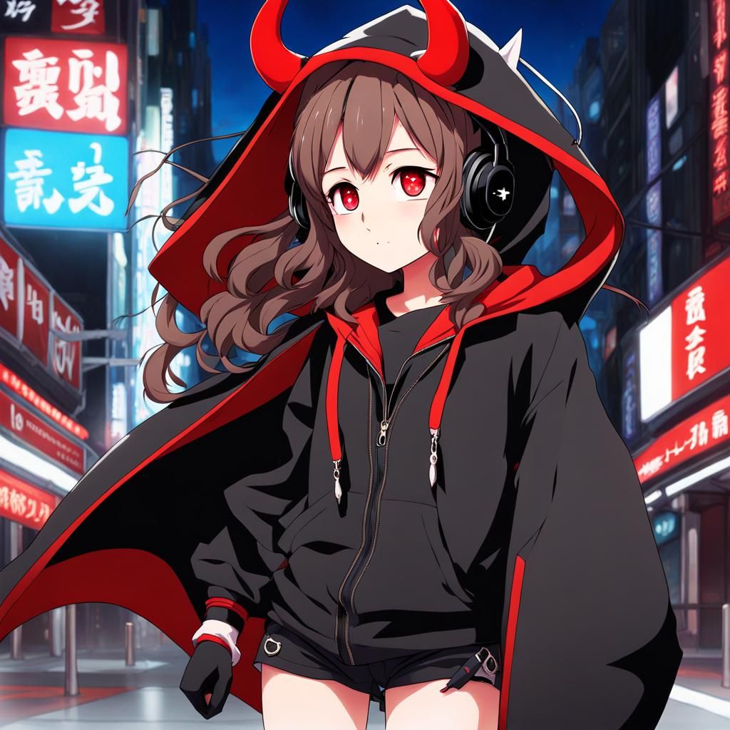 Anime Demon Girl with Headphones and Red Accents