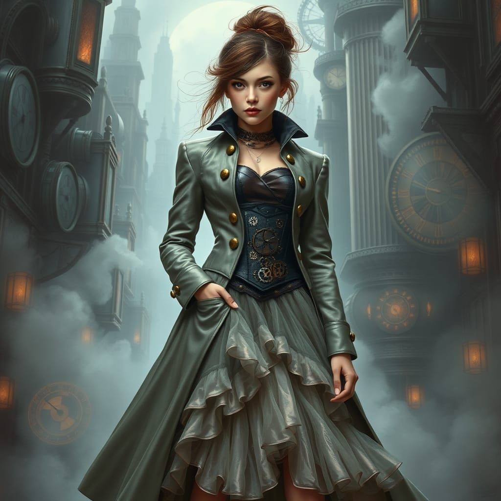Aetherpunk Woman in Steampunk Cityscape